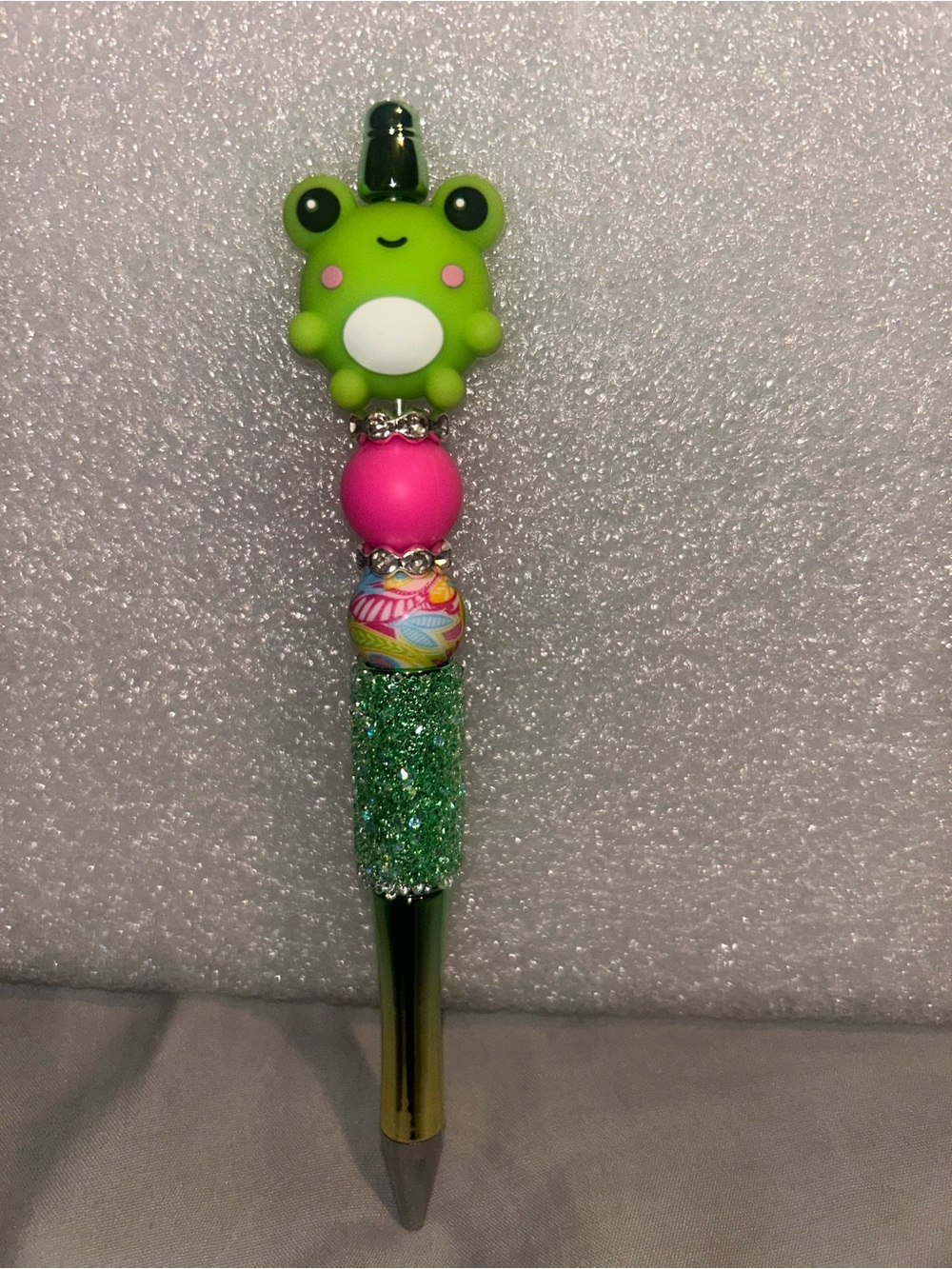 Hand Crafted Green Frog Pen with Pink and Multicolor Beads
